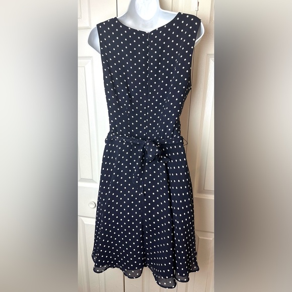 JOSEPH RIBKOFF Polka Dot Dress Navy Blue White Fit & Flare Wrap Tie Bow Waist - Picture 7 of 10